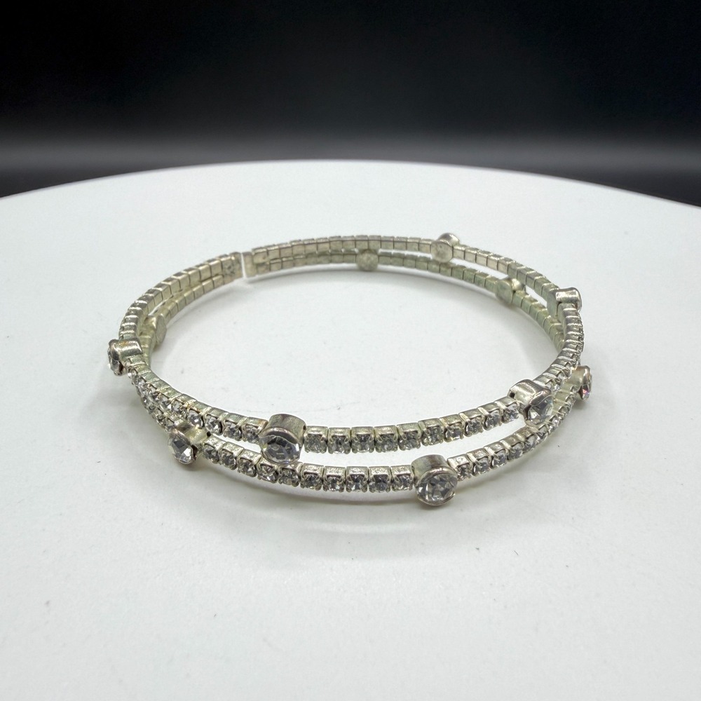 Silver Tone Rhinestone Stretch Bracelet Double Row Sparkle Statement Glam Gift